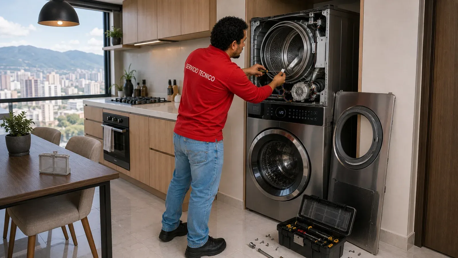 Técnico revisando el panel y la instalación de una secadora Samsung en un hogar de Medellín