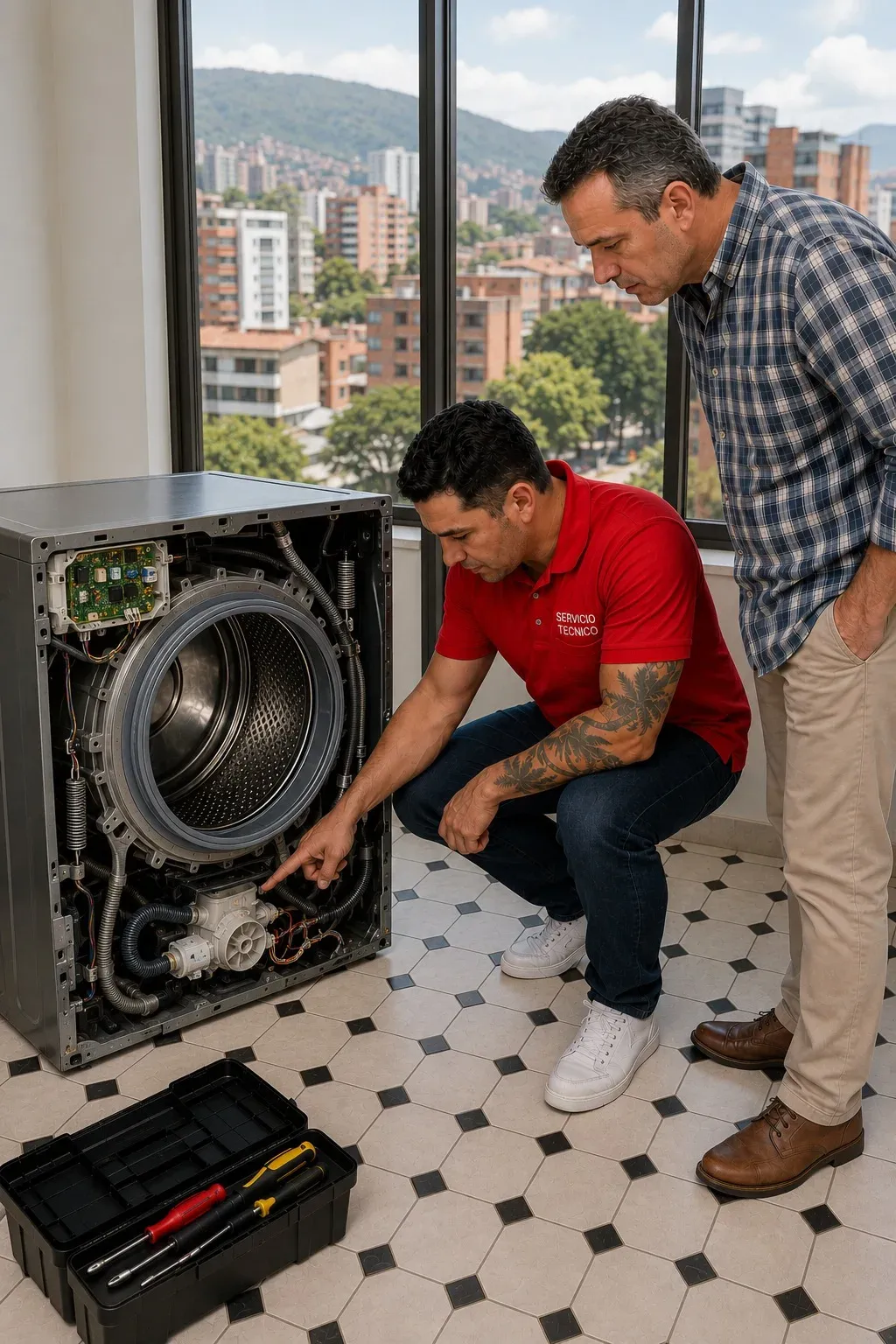 Técnico de servicio mostrándole a un cliente la reparación de una lavadora a domicilio en Medellín