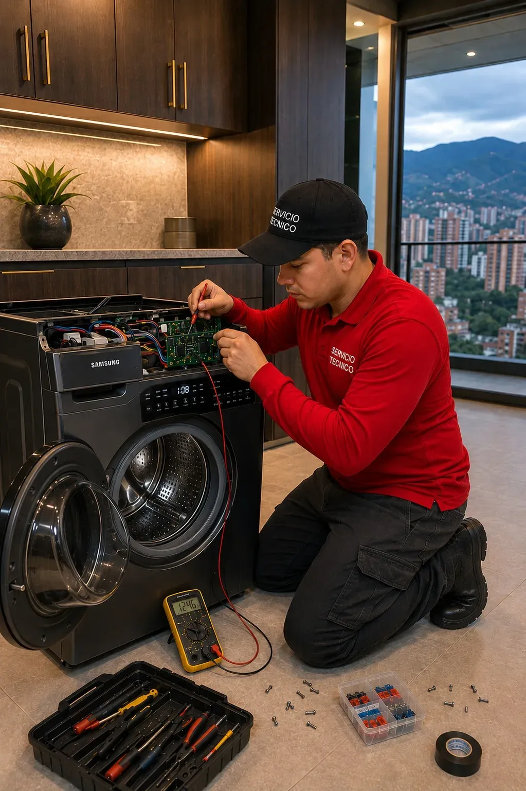 Técnico probando con multímetro la tarjeta electrónica de una lavadora Samsung en Medellín