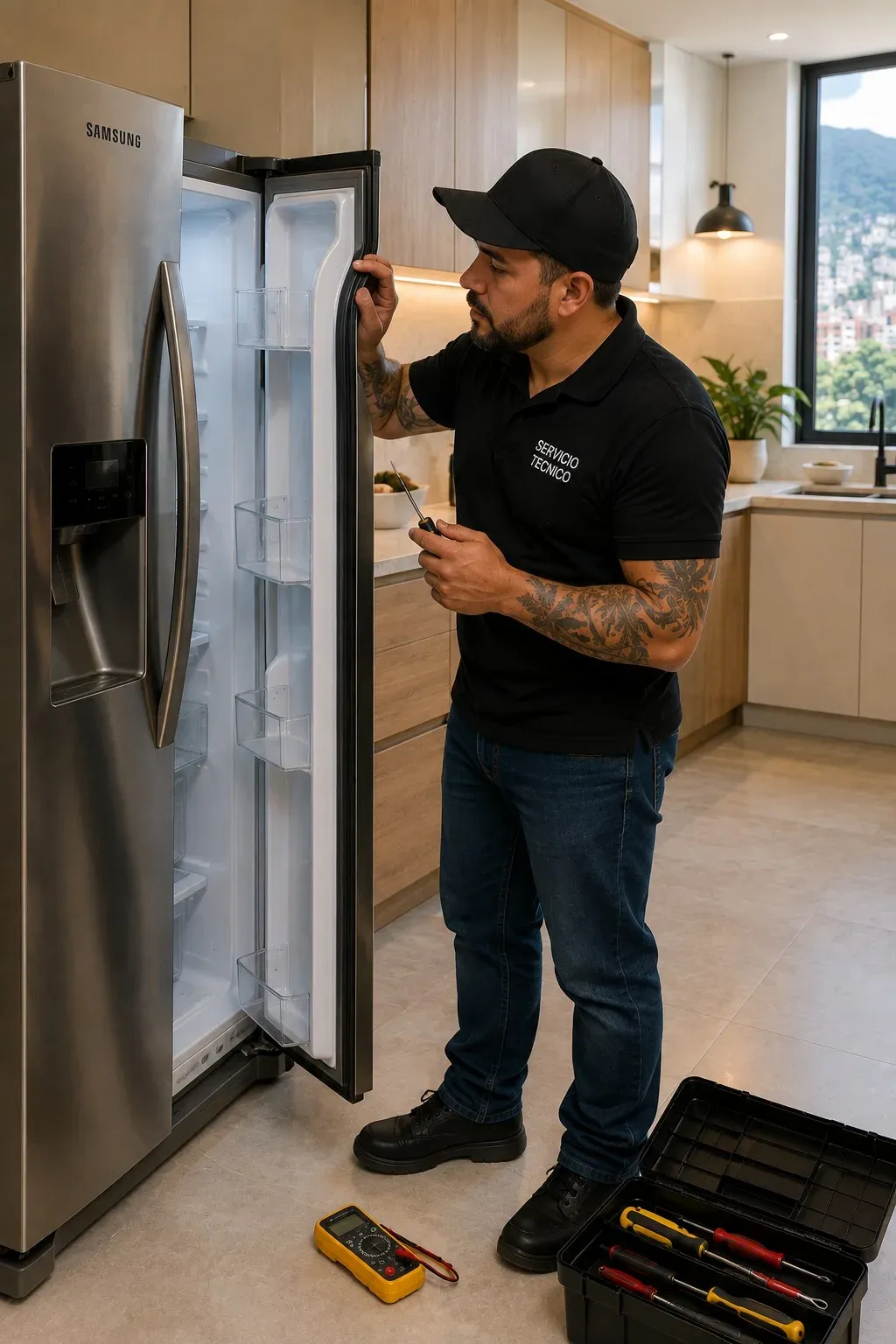 Técnico de servicio revisando el sistema de hielo de una nevera LG en Medellín