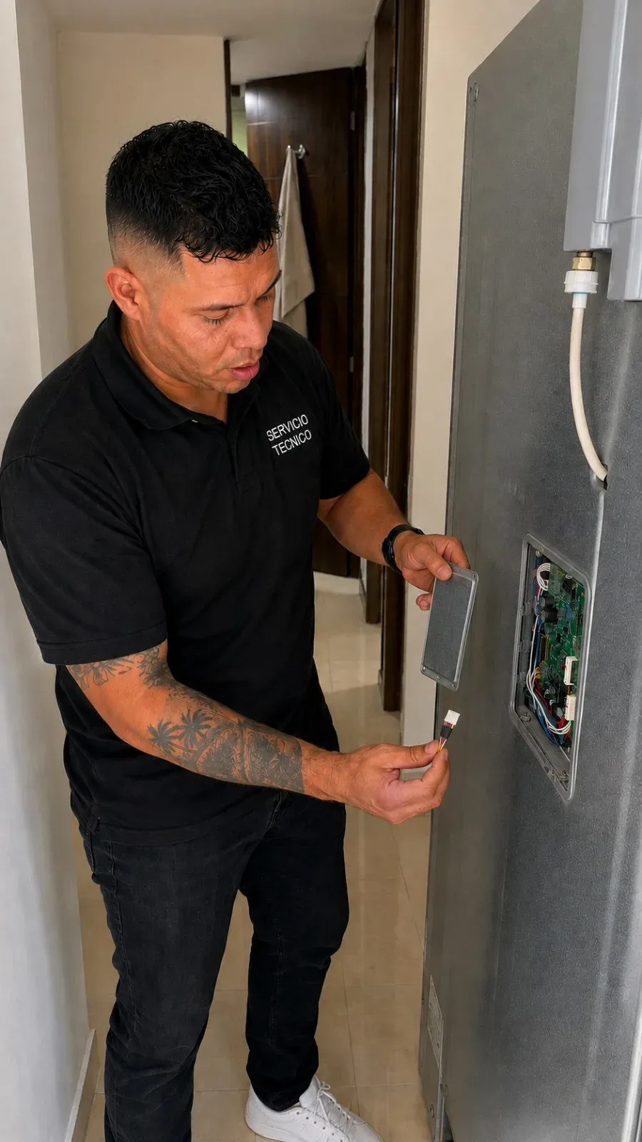 Nevera que no enfría: guía de diagnóstico Técnico diagnosticando el panel electrónico de una nevera en un pasillo de Medellín